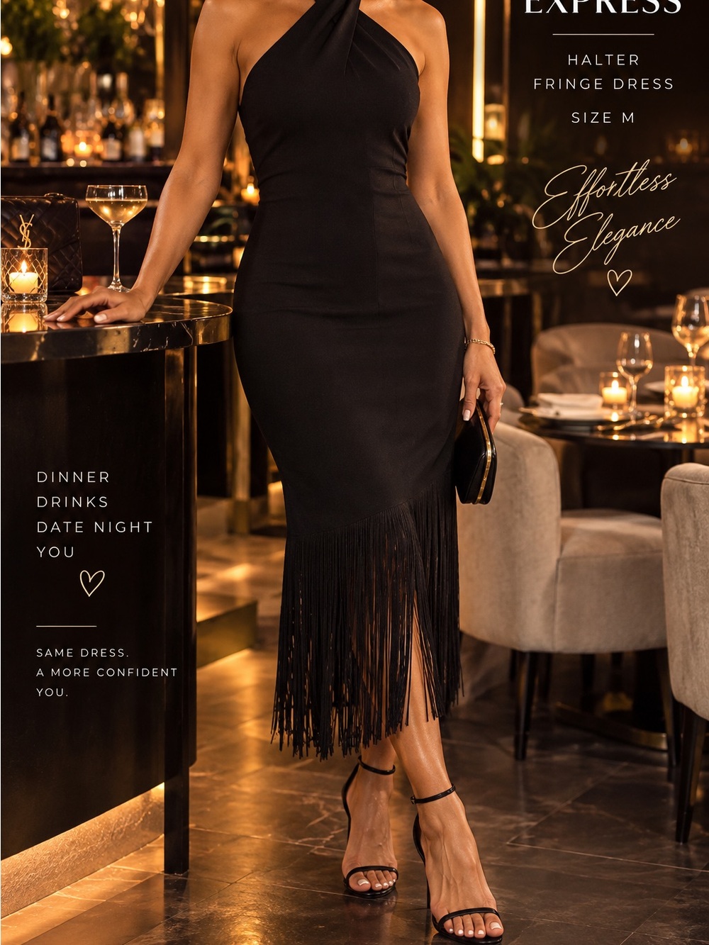Express sz M Black Halter Fringe Dress